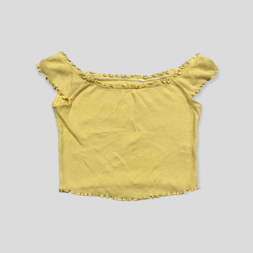 PACSUN ME TO WE YELLOW WAFFLE TRIM OFF THE SHOULDER FLORAL TOP XS